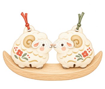 向かい合う二匹の羊の土鈴｜かわいい水彩の無料イラスト素材 117867