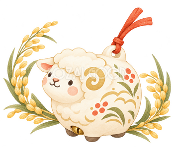 稲穂を添えた羊の土鈴｜かわいい水彩の無料イラスト素材 117869