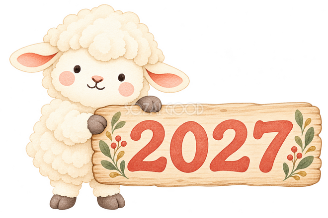 2027の木の札を持つ羊