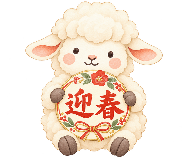 迎春の丸い札を持つ羊