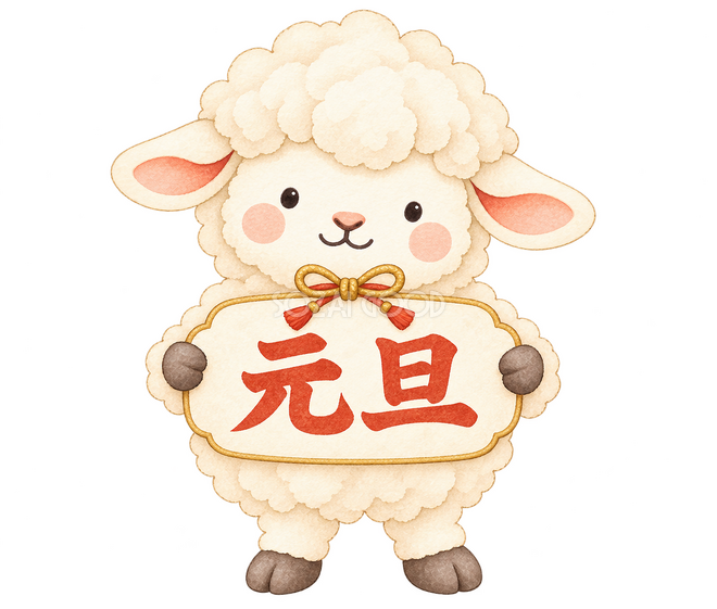 元旦の札を持つ羊