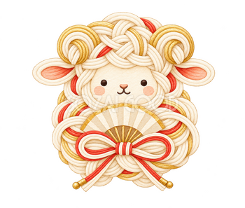 扇と羊の水引飾り｜かわいい水彩の無料イラスト素材 117889