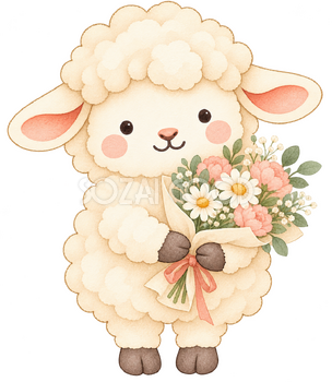 花束でお礼する羊｜かわいい水彩の無料イラスト素材 117901