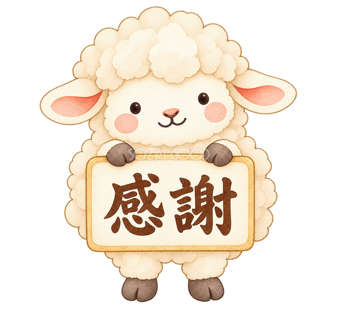 感謝の札を持つ羊