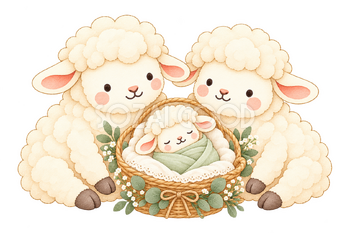 赤ちゃんを囲む羊の家族｜かわいい水彩の無料イラスト素材 117932