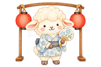 夏祭りのうちわと羊｜かわいい水彩の無料イラスト素材 118061