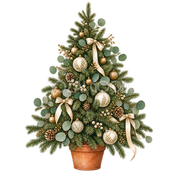 ユーカリを添えたクリスマスツリー｜水彩の無料イラスト素材 118088