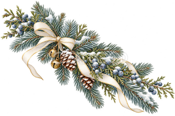 雪化粧の枝と青い実の飾り｜クリスマスの水彩・無料イラスト素材 118100