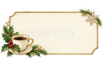 コーヒーとヒイラギのクリスマス案内枠｜水彩の無料イラスト素材 118111