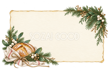 パンと冬の枝のクリスマス案内枠｜水彩の無料イラスト素材 118112