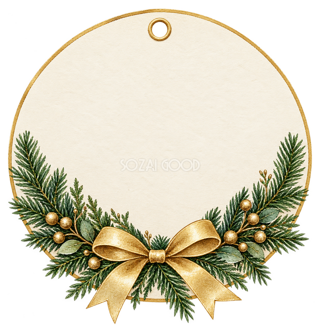 モミと金リボンの丸いクリスマスタグ モミと金リボンの丸いクリスマスタグ