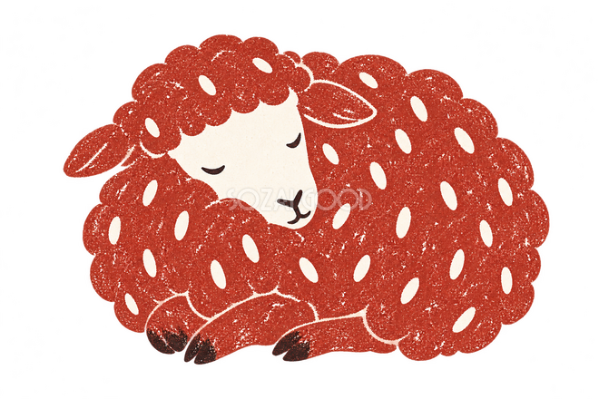赤い版画で描いた眠る羊 赤い版画で描いた眠る羊