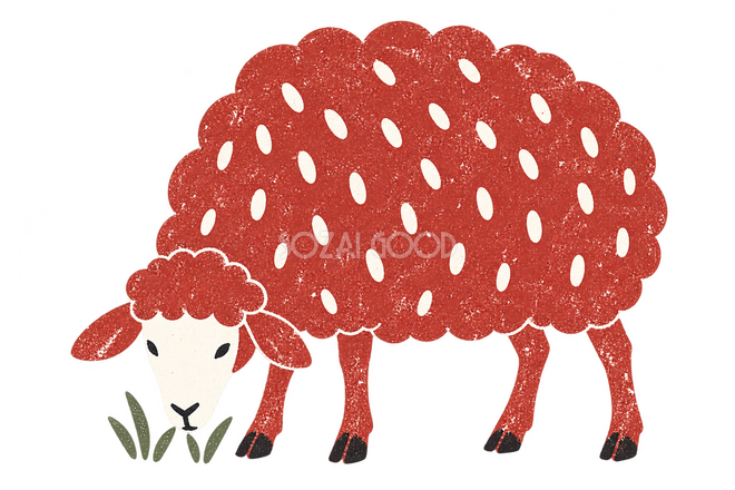 赤い版画で描いた草を食べる羊 赤い版画で描いた草を食べる羊