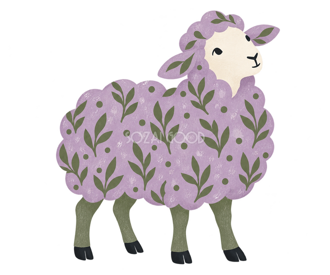 草花模様で描いた見上げる羊 草花模様で描いた見上げる羊