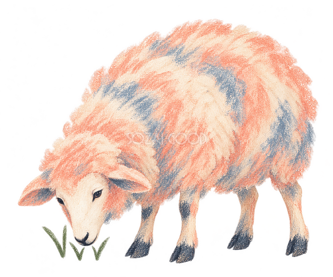 淡いパステルで描いた草を食べる羊