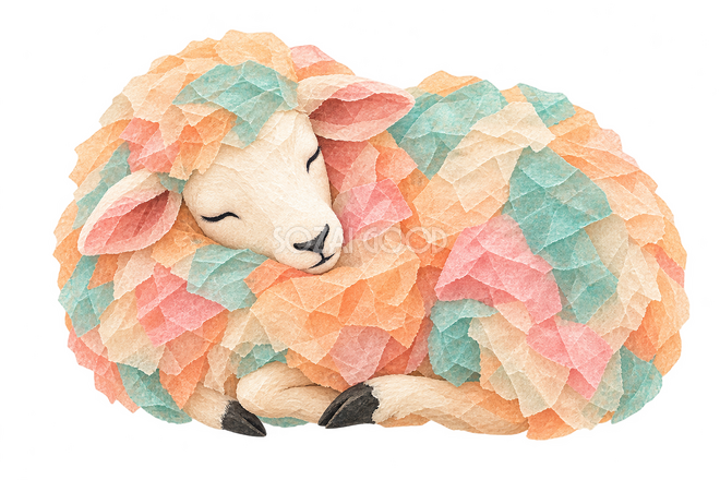 薄紙ちぎり絵で描いた眠る羊