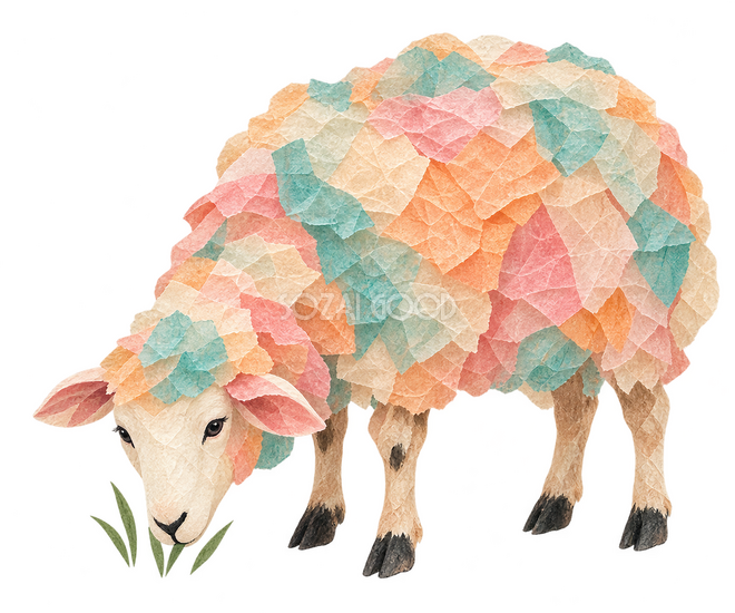 薄紙ちぎり絵で描いた草を食べる羊
