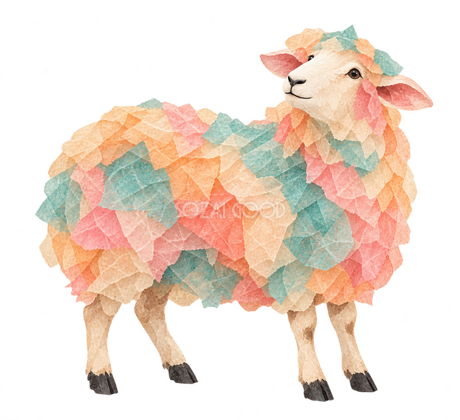 薄紙ちぎり絵で描いた見上げる羊 薄紙ちぎり絵で描いた見上げる羊