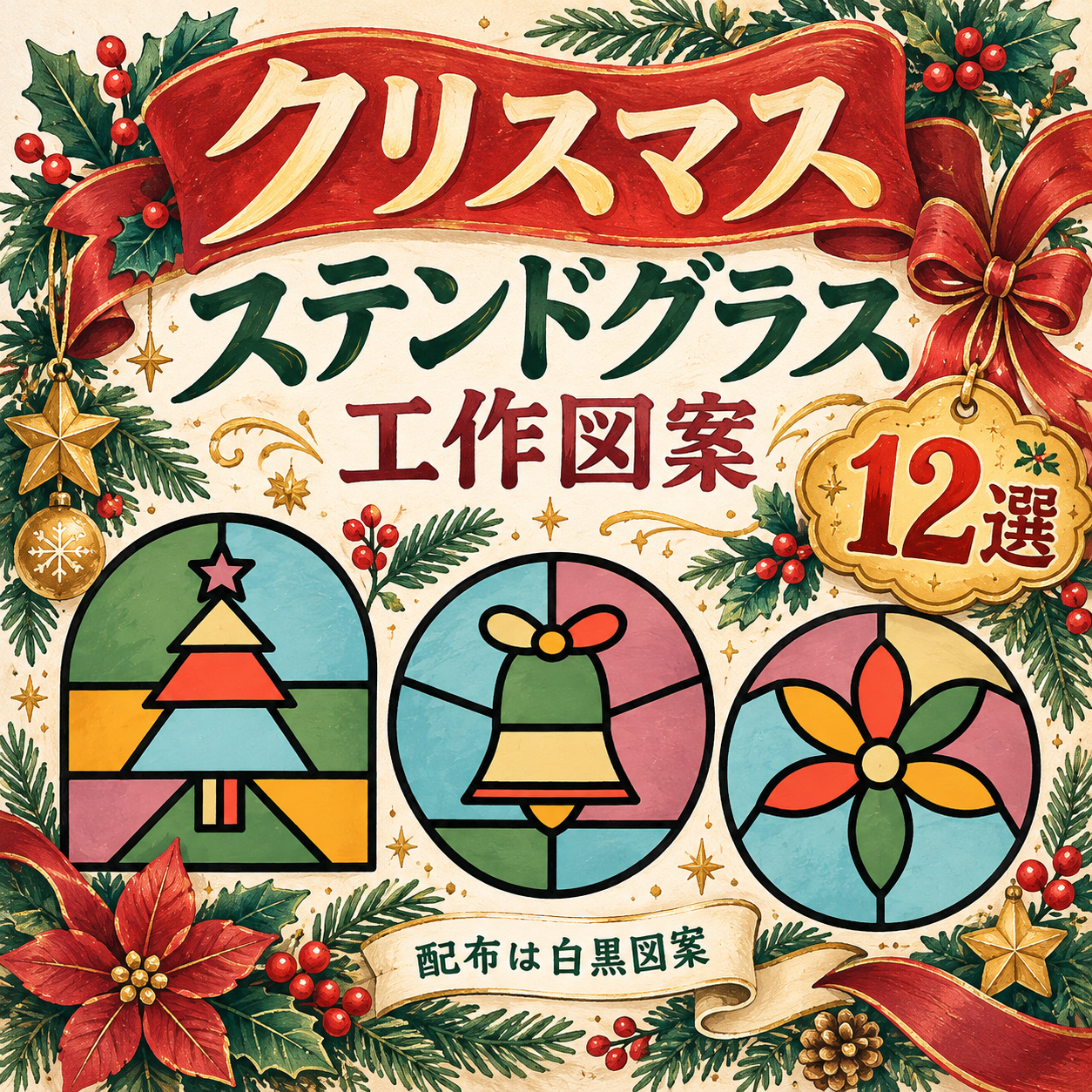 クリスマスのステンドグラス工作図案12選｜無料イラスト素材 118335に写真・文字を入れる