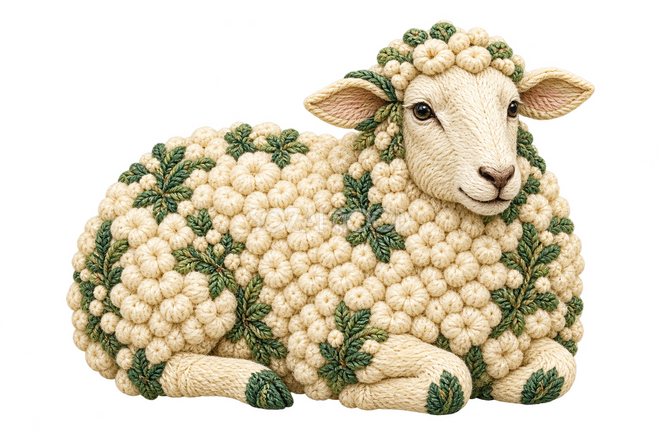 刺繍で描いた休む羊