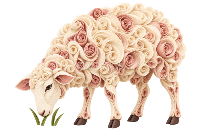 巻き紙で描いた草を食べる羊 巻き紙で描いた草を食べる羊