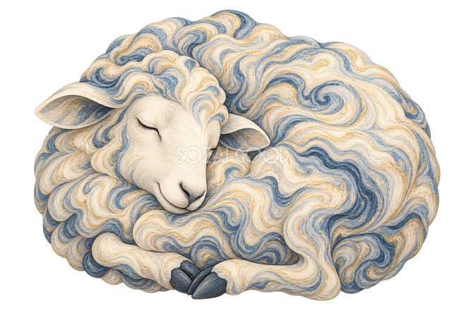 マーブル模様で描いた眠る羊