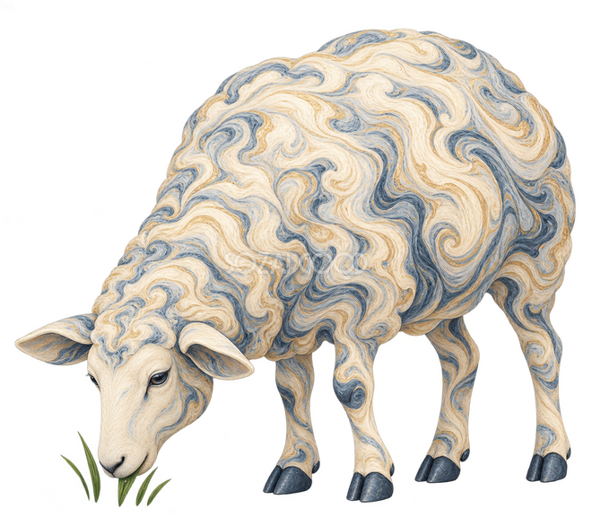 マーブル模様で描いた草を食べる羊