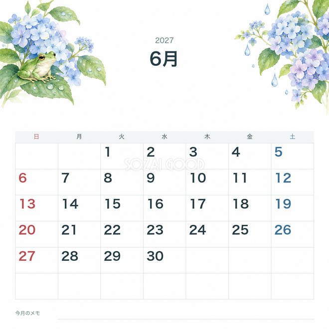 2027年6月 季節の花と動物カレンダー