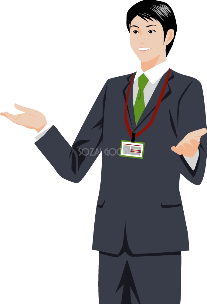 プレゼンする男性がゼスチャー ビジネスマン 無料イラスト