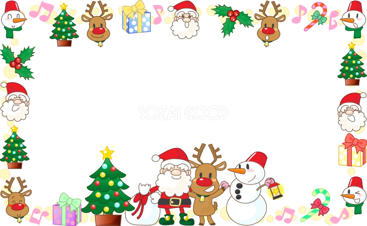 クリスマスキャラが囲む フレーム素材 飾り枠無料背景イラスト