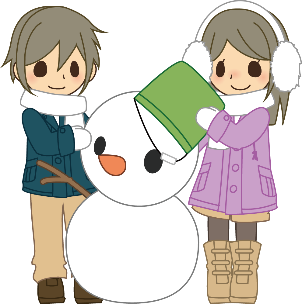 雪だるまを作るカップル 無料イラストに写真・文字を入れる
