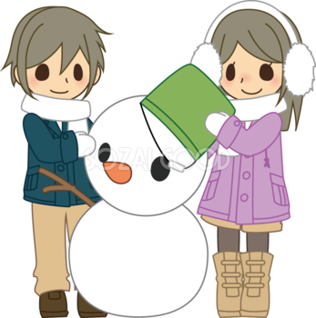 雪だるまを作るカップル 無料イラスト