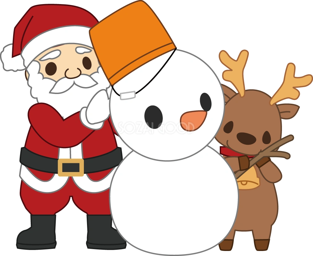 雪だるまを作るサンタ達 無料イラスト