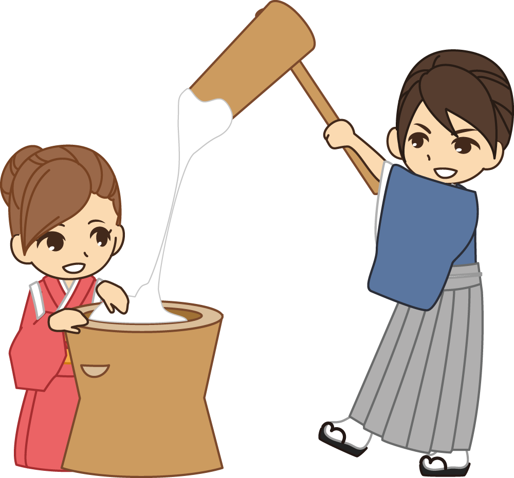 餅つきする着物姿の男女 無料イラストに写真・文字を入れる