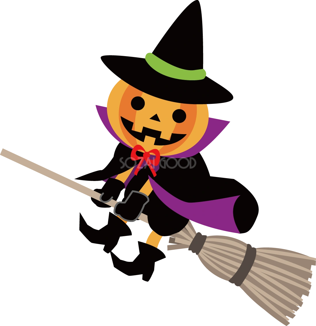 ハロウィン ほうきに乗るかぼちゃ魔女 | 素材Good