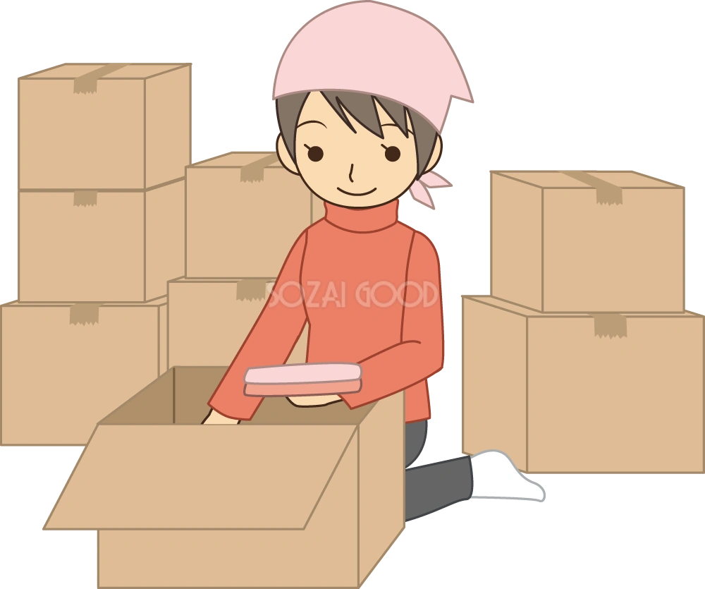 引っ越し準備をする女性  無料イラスト