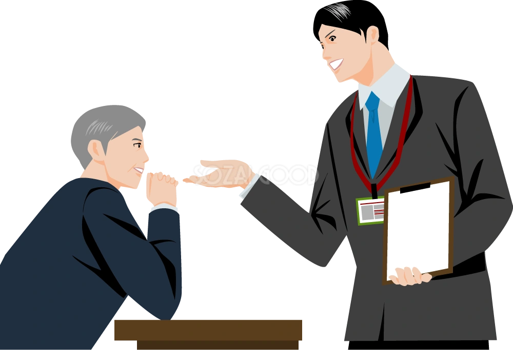 社長に資料を見せて説明する男性社員 ビジネスマン 無料イラスト
