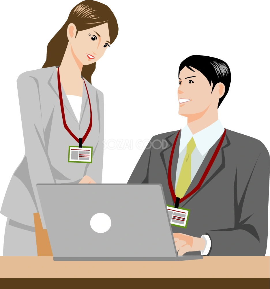 パソコンを操作し女性社員に教える男性社員 (ビジネス パソコン) 無料イラスト16860