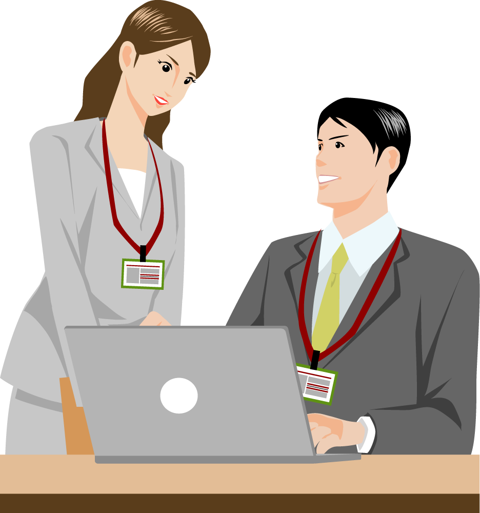 パソコンを操作し女性社員に教える男性社員 (ビジネス パソコン) 無料イラスト16860に写真・文字を入れる