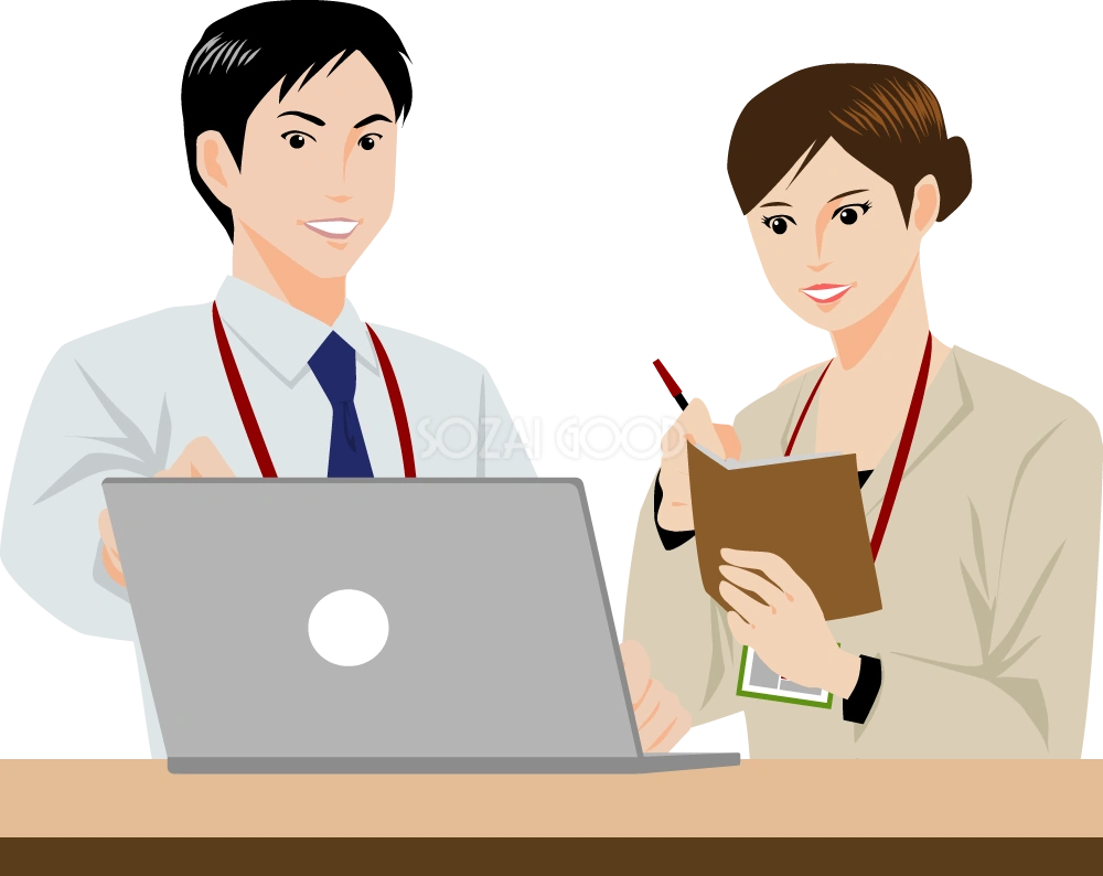 女性社員にパソコンを教える男性社員 ビジネスマン 無料イラスト