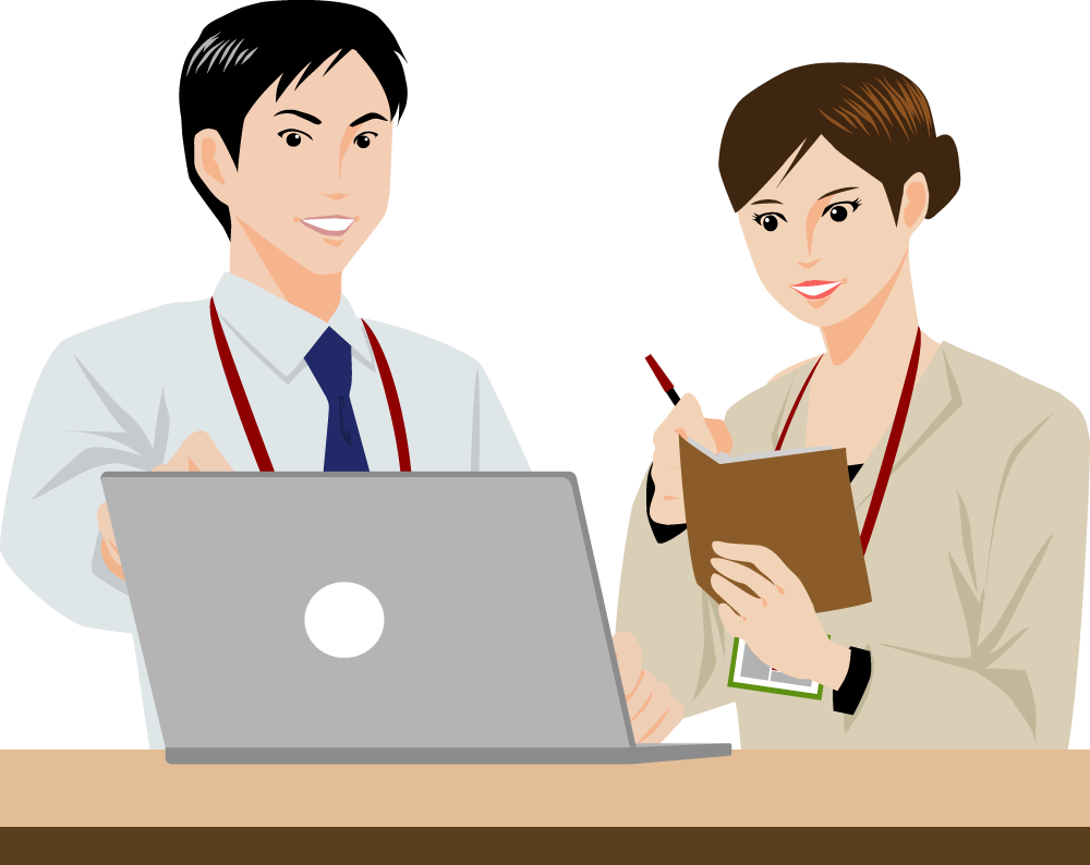 女性社員にパソコンを教える男性社員 ビジネスマン 無料イラストに写真・文字を入れる