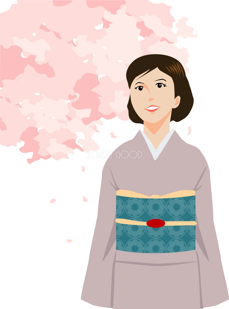 桜の木の下を歩く着物姿の花見する女性  無料イラスト