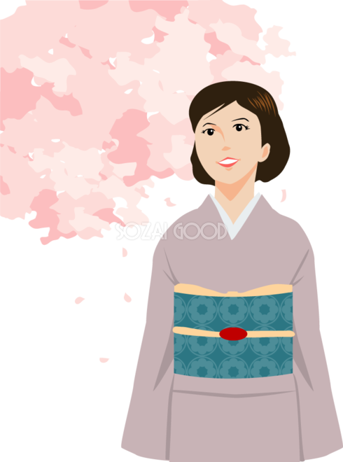 桜の木の下を歩く着物姿の花見する女性 無料イラスト 素材good