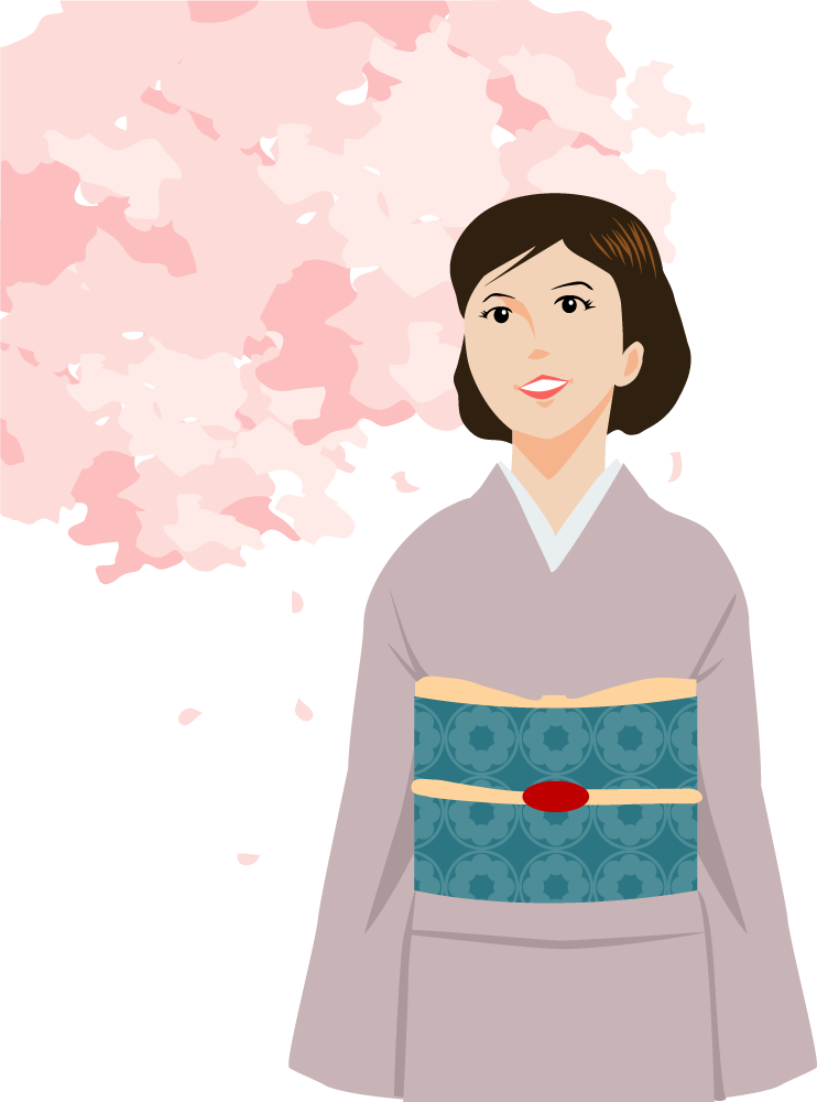 桜の木の下を歩く着物姿の花見する女性  無料イラストに写真・文字を入れる