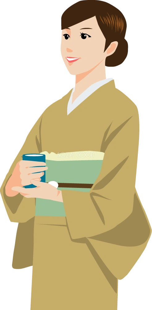 お茶を片手に斜め上を見上げる着物姿の女性 無料イラスト