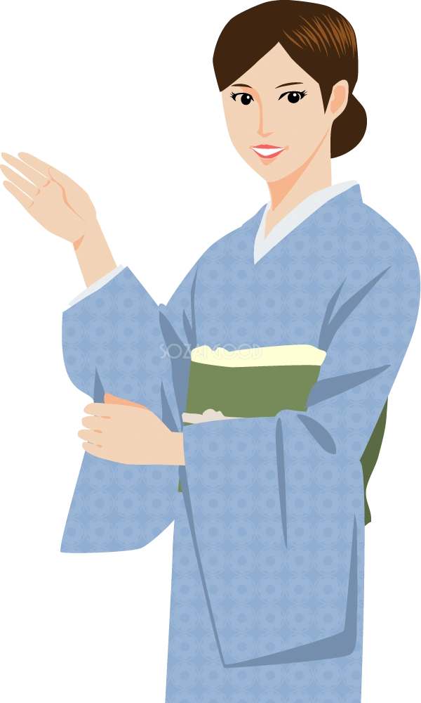 手を左に差し出しご案内する着物姿の女性  無料イラスト
