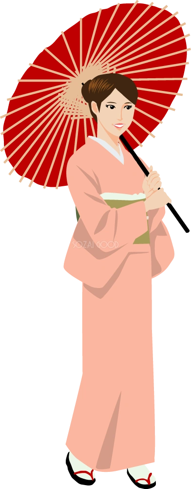 和柄の笠を指し歩く着物姿の女性  無料背景イラスト