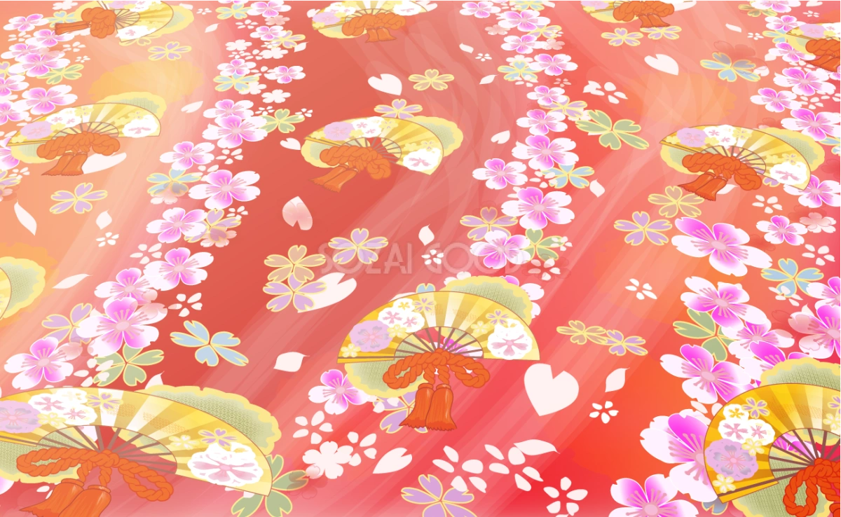 着物(和風桜柄)遠近鮮やか赤系背景 無料背景イラスト