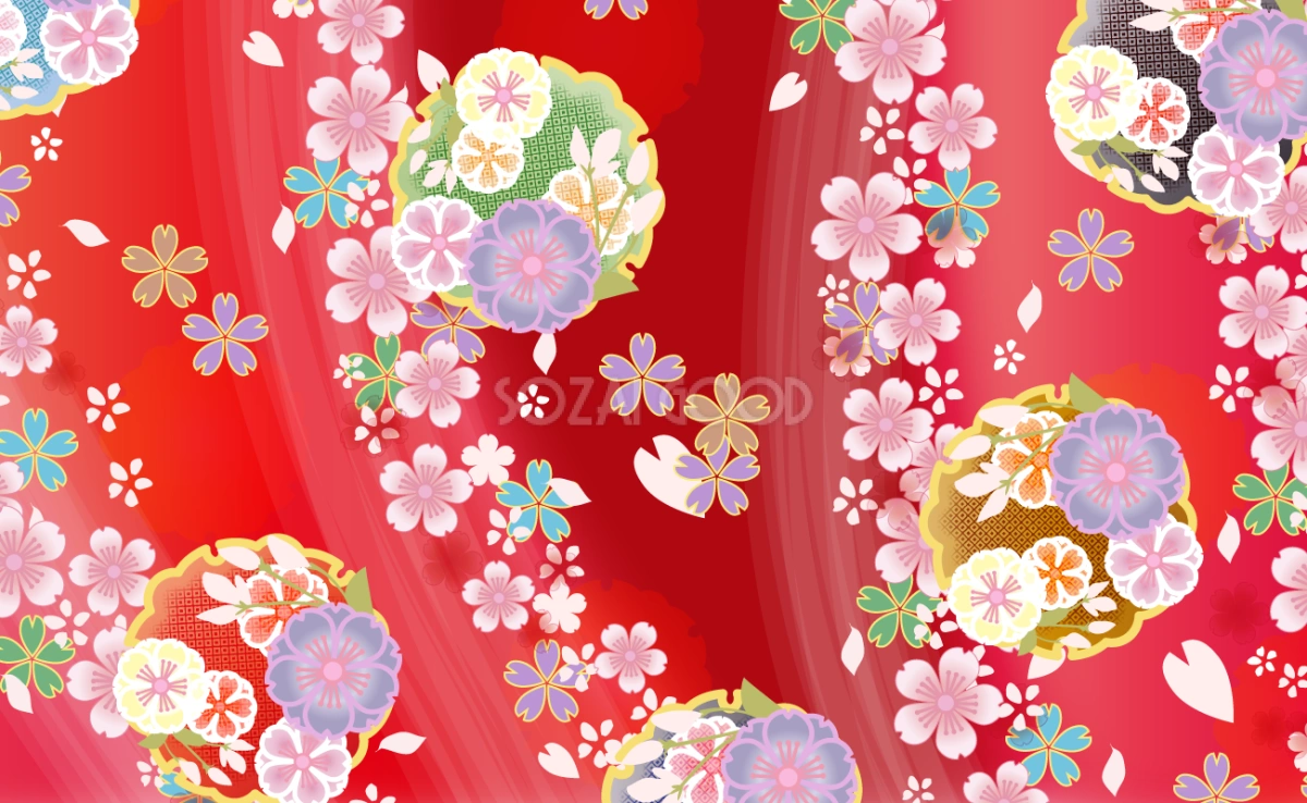 着物(和風桜柄)正面鮮やか赤系 無料背景イラスト