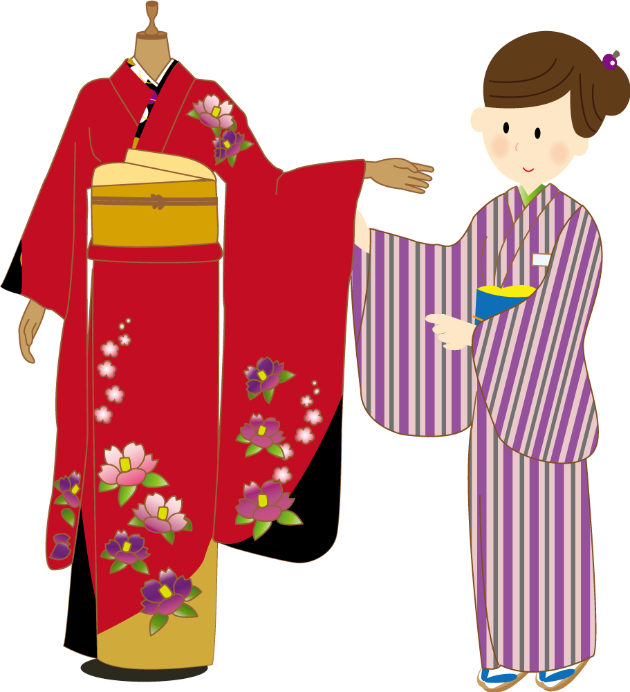 和服をご案内する着物姿の女性店員 無料イラストに写真・文字を入れる